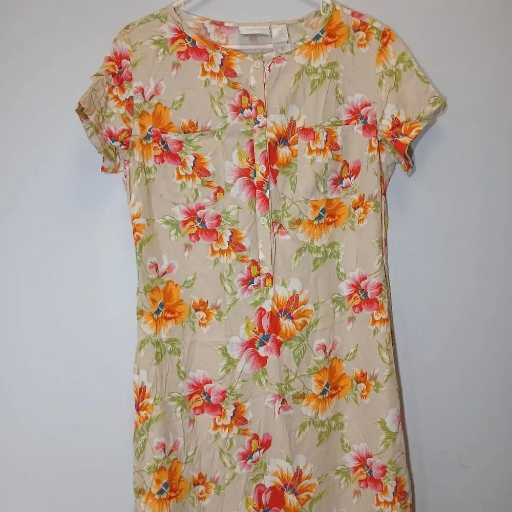 Vtg y2k Liz womens size 12 maxi dress Hawaiian floral Coastal tan green rayon
